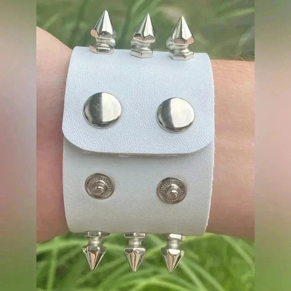 White Leather Punk Goth Rock Triple Spike Metal Stud Snap Cuff Bracelet New